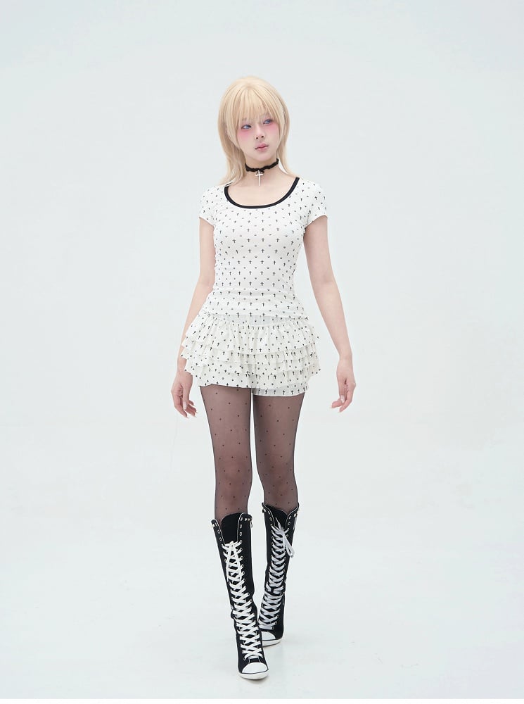 Pastel Gothic White Allover Cat Paw and Cross Print Tiered Ruffles Skort