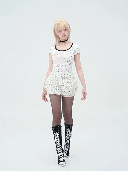 Pastel Gothic White Allover Cat Paw and Cross Print Tiered Ruffles Skort