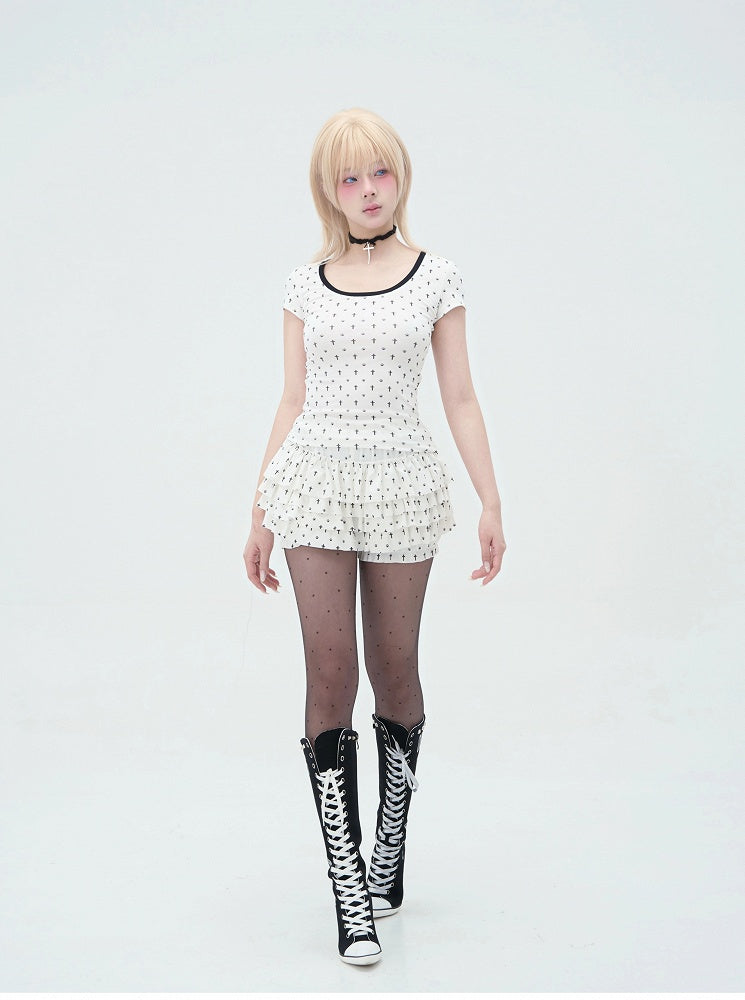 Pastel Gothic Black & White Allover Cross and Cat Paw Print Cat Ears Detail at Back T-Shirt