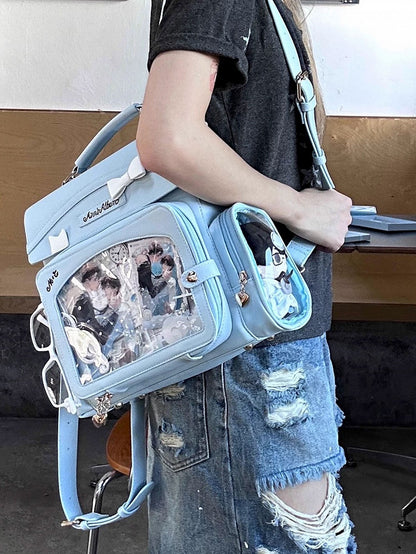 Blue 2-Way Ita Bag With Transparent Window And Bow Decoration