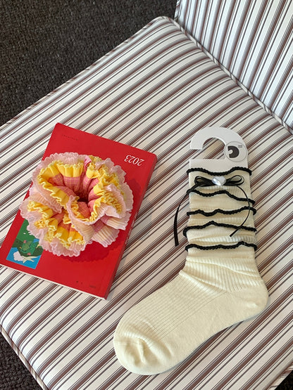 6 Color Options Beaded Heart Decorated Bowknot Detail Loose Calf Socks