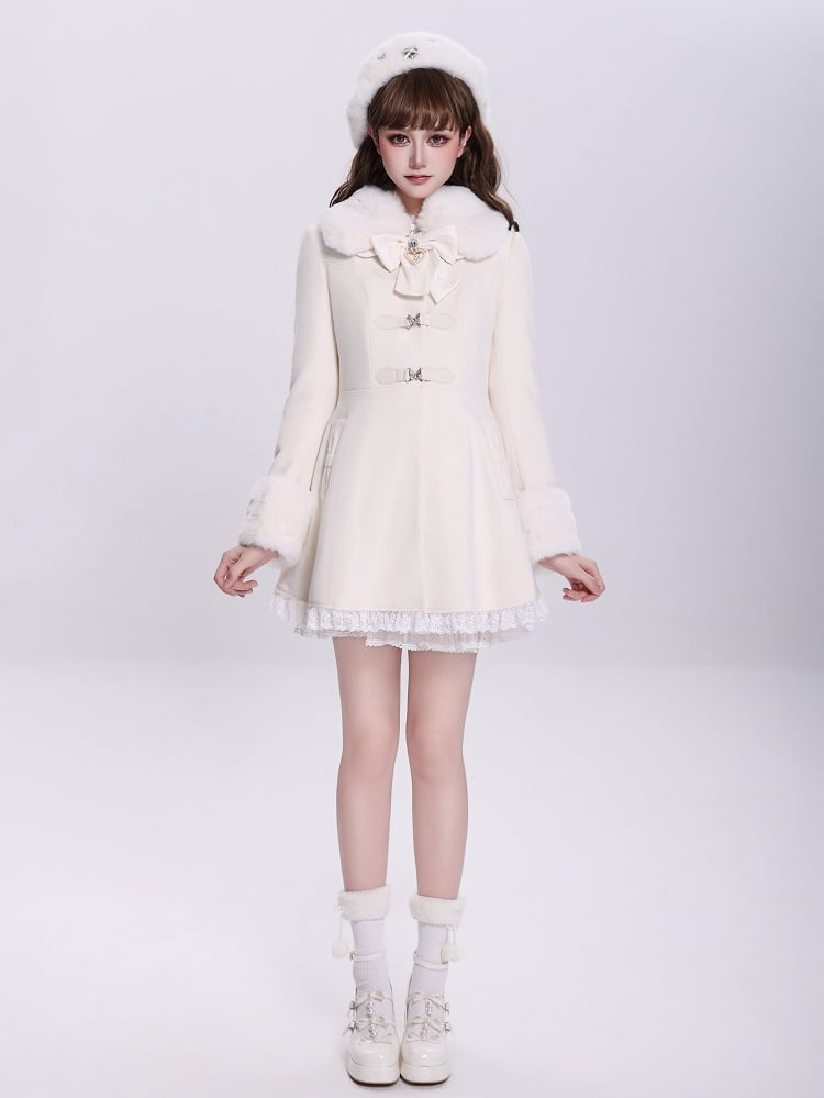 Creamy Jirai Kei Butterfly Buckles Closure Coat with Detachable Plush Collar and Cuffs