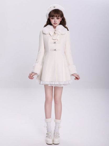 Creamy Jirai Kei Butterfly Buckles Closure Coat with Detachable Plush Collar and Cuffs