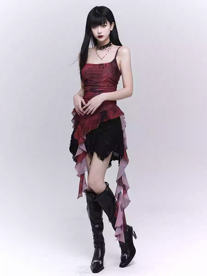 Red Asymmetrical Flounce Hem Glamorous Cami Top