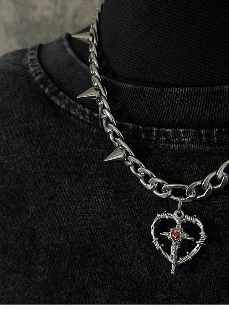 Silver Cross Heart-shaped Pendant Studded Necklace