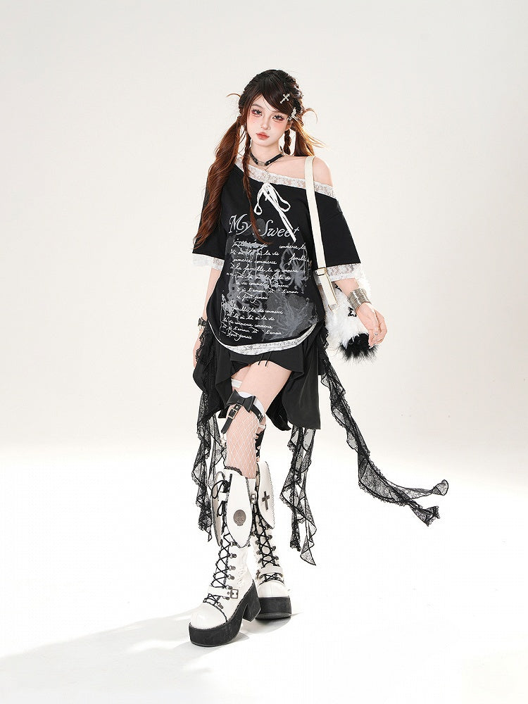 Asymmetrical Neckline Lace Trim Butterfly Print Black/White Loose T-shirt