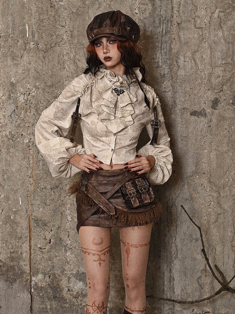 Clearance-Size S for Bust 88CM Ruffle Neckline Apricot Steampunk Balloon Sleeves Shirt