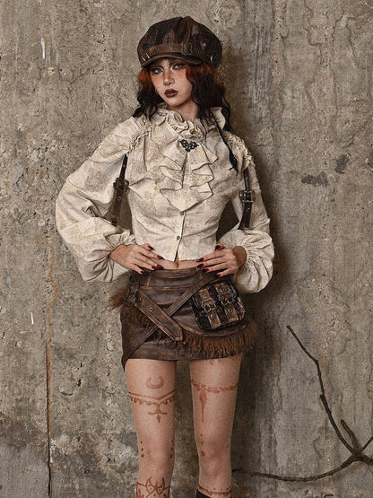Ruffle Neckline Apricot Steampunk Balloon Sleeves Shirt