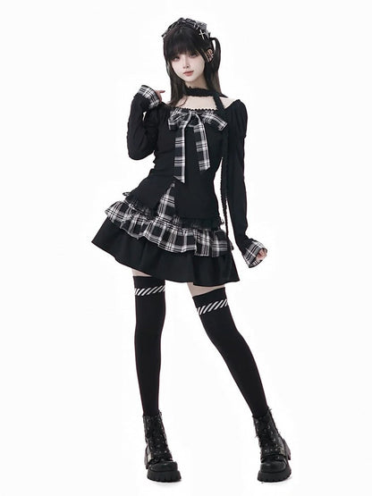 Subculture Fashion Black Faux Two-Piece Top with Plaid Bowknot and Lace Trim