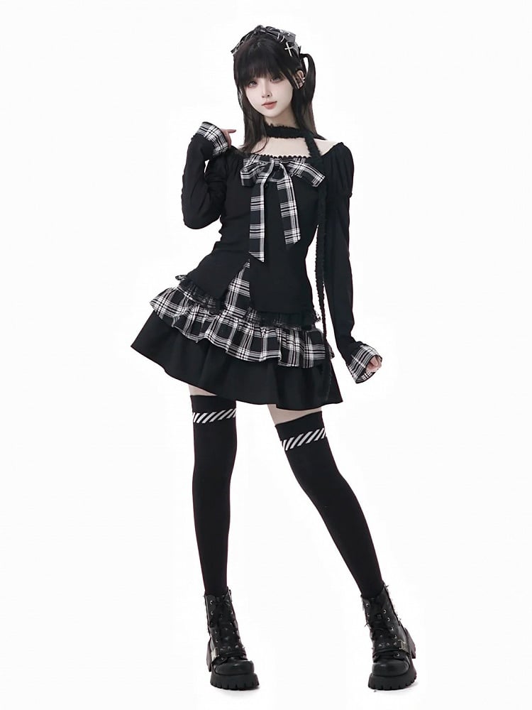 Black Plaid Tiered Skirt with Lace Trim