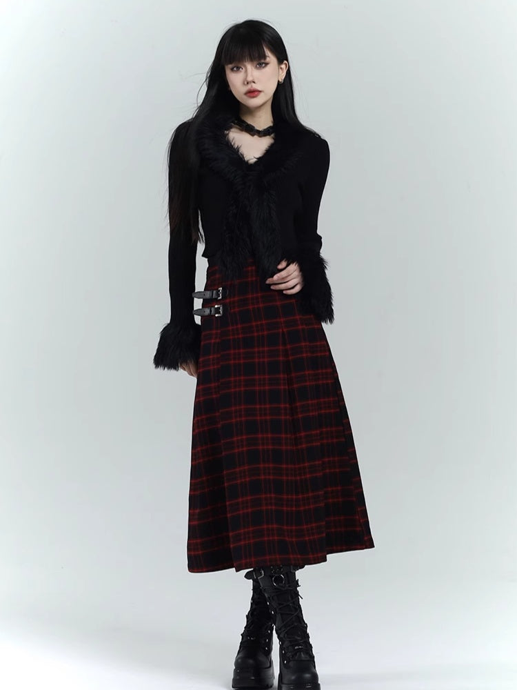 Black & Red Plaid  Double Buckles Midi Length Skirt