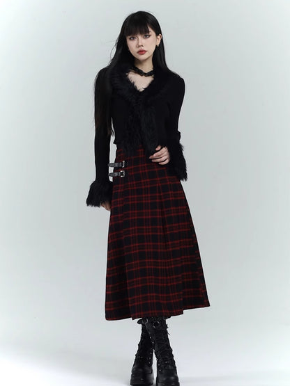 Black & Red Plaid  Double Buckles Midi Length Skirt