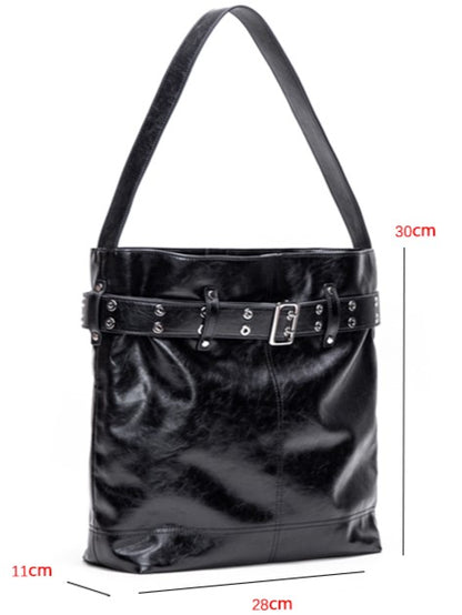 Elegant Black Tote Bag With Belt Buckle Accent - Perfect For Commuting