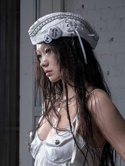 Black/White Navycore Lace-up Detail Cross Charm Punk Studded Sailor Hat