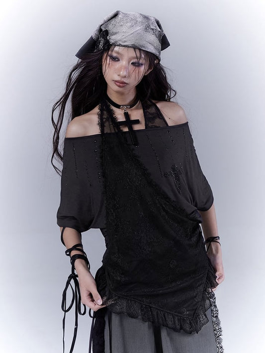 Black Cross Rhinestone Curved Hem Halter Neck T-shirt