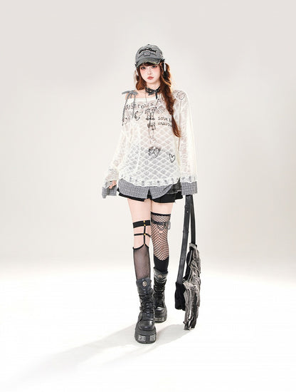 Plaid Hem Asymmetrical Neckline Puppy Print Beige/Black Semi-sheer Coverup