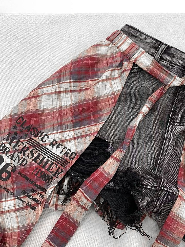 Y2K Bittersweet Black Distressed Holes Design Shorts + Leg Warmers + Red Plaid Accessory