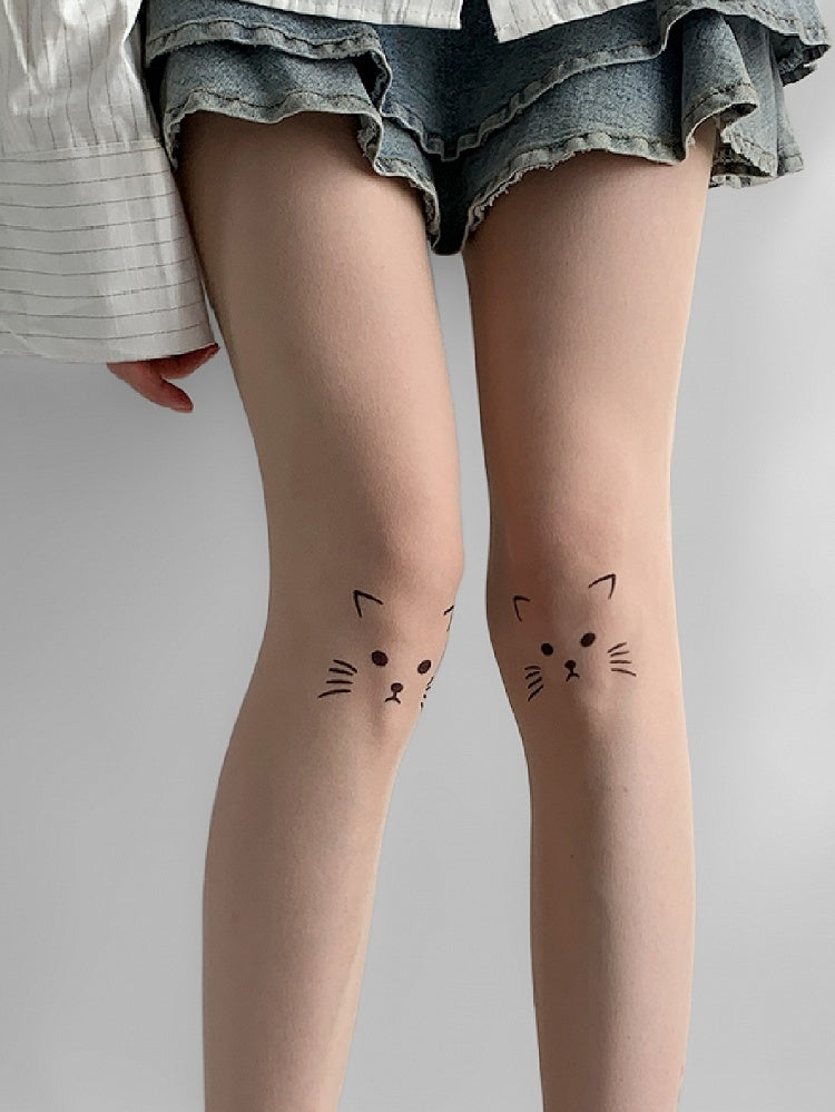 Nude Cat Print Sheer Tights