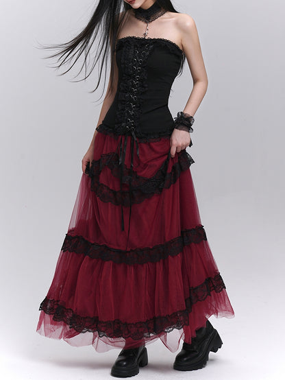 Contrast Black Lace Trim Wine Red Floor Length Mesh Skirt