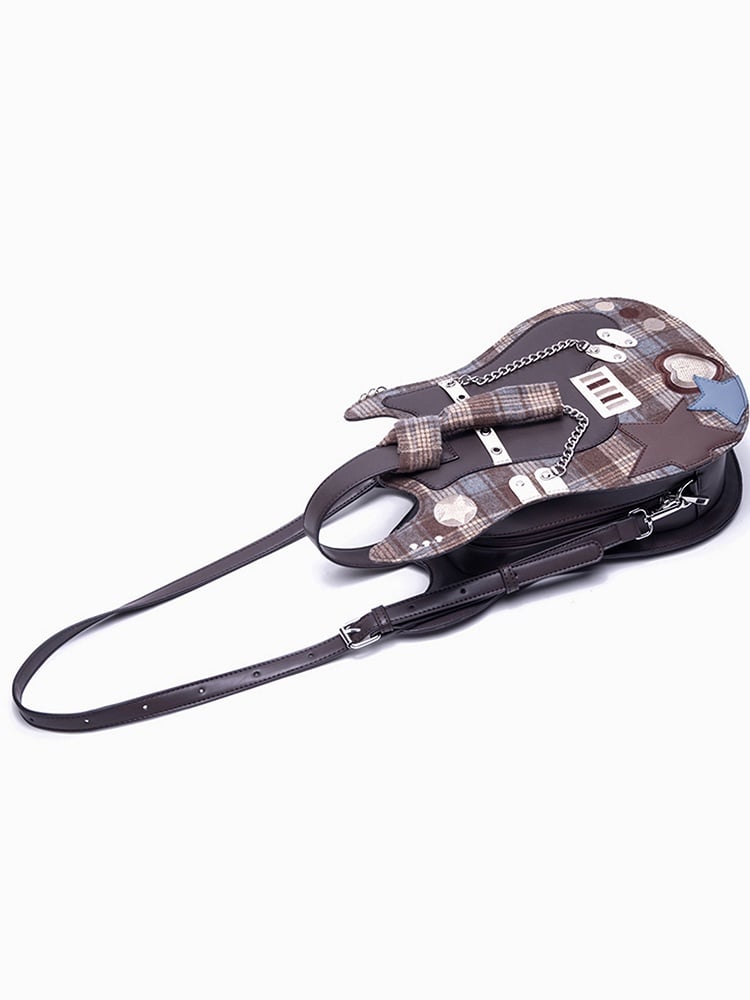 Brown Plaid Star Design Sweetheart Embroidered Guitar-shaped Bag