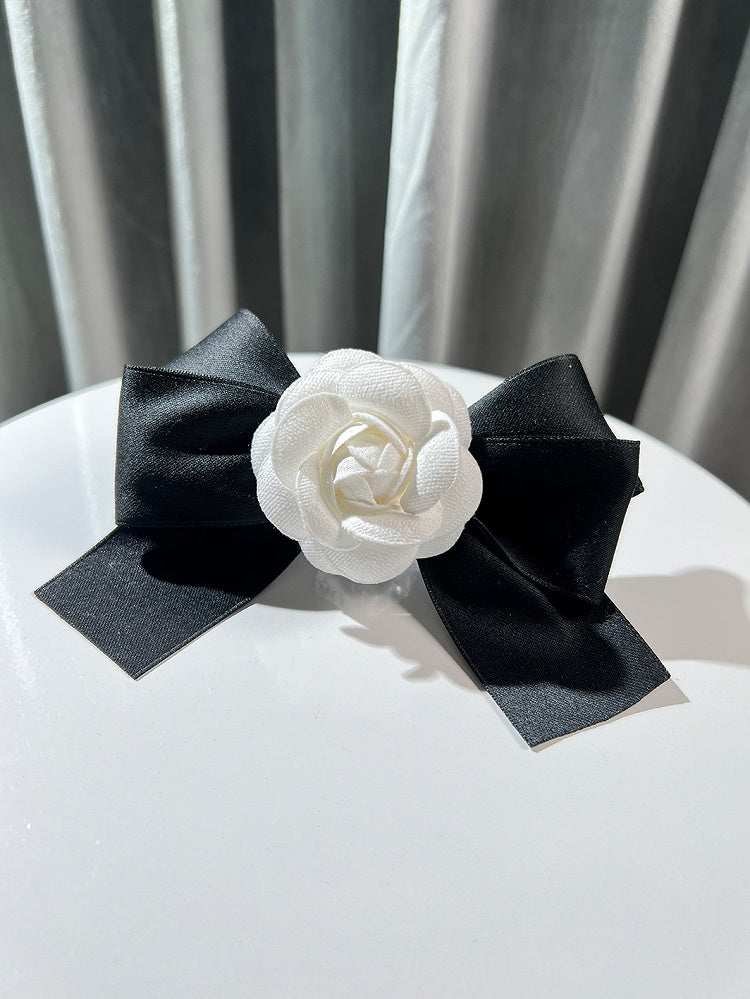 White/Pink Camellia Design Bowknot Hairclip