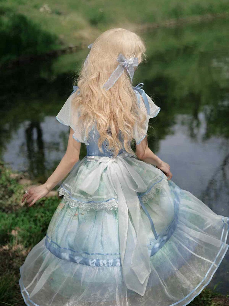 Oil Painting Water Lily Print Sky Blue Square Neckline and Flutter Sleeves One Piece