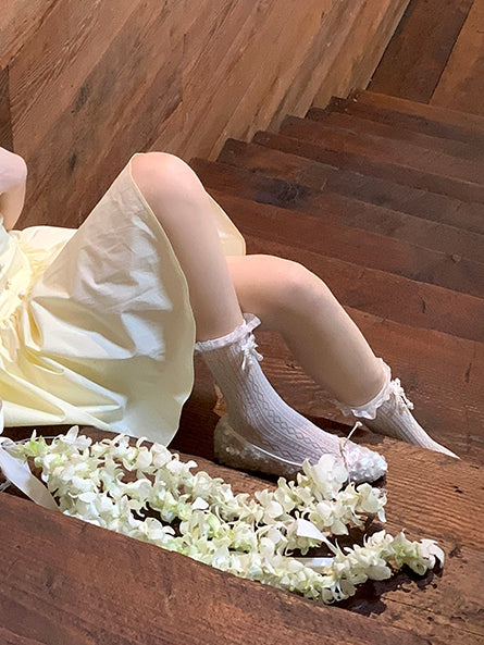 White Beaded Bowknot Decorated Lace Trim Socks