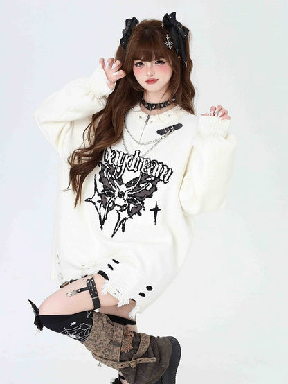 Beige Gothic Distressed Holes Butterfly Sweater with Studs and Chains