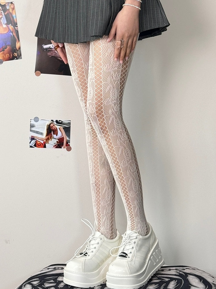 Black/White/Brown/Purple Y2K Cut-out Design Rosette Pattern Tights