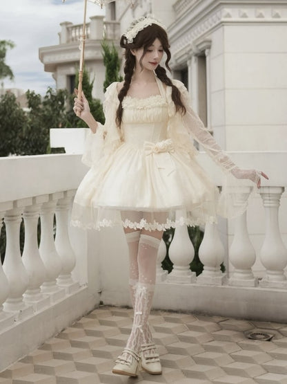 Elegant Beige Boned Basque Waist Self-tie Halter Neck Dress + Detachable Flower Bow + Hairband