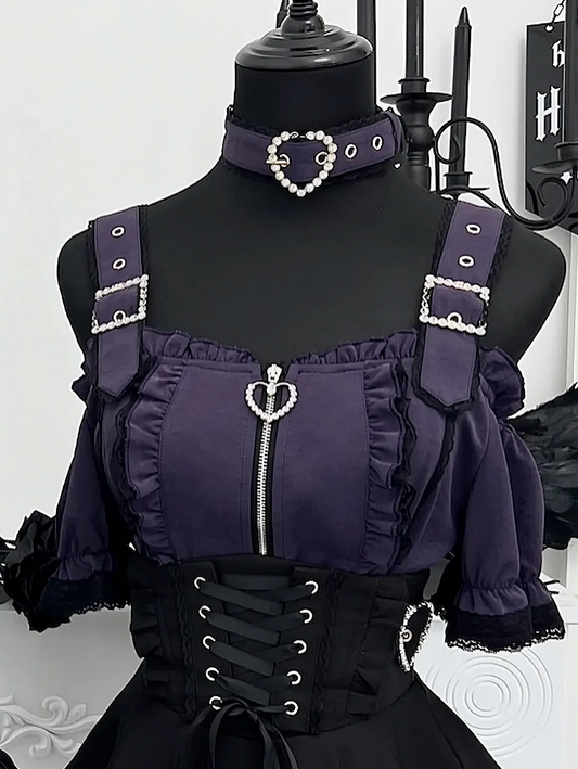 Jirai Kei Off-the-Shoulder Neckline Landmine Style Purple Short Sleeves Top with Free Choker