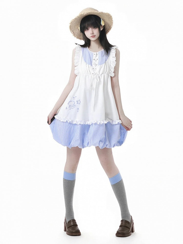 Seashell and Starfish Embroidery White and Blue Plaid Flutter Sleeves Dress Bubble Skirt