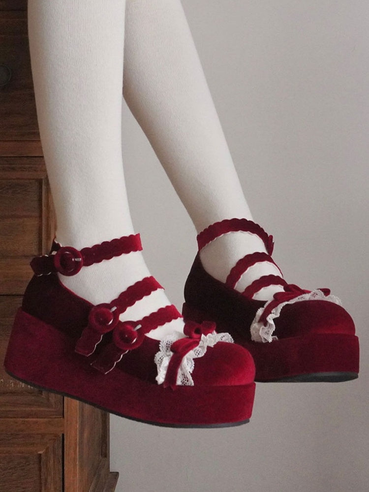 Lace Trim Bowknot at Top Velvet Wine Red Buckle Straps Platforms