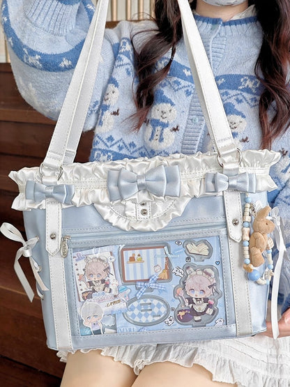 Blue&White Bowknot Details Ruffles Trim Lace-up Design Ita Bag