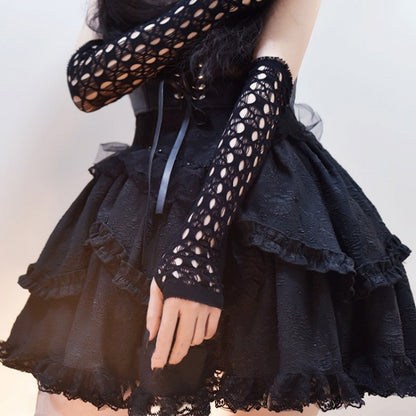 Gothic Black/White Fishnet Long Fingerless Gloves