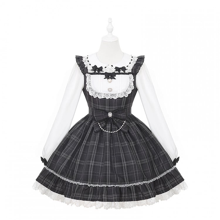 Vintage Academia Dress: Jirai Kei Gray Plaid with Peter Pan Collar & Big Waist Bow