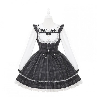 Vintage Academia Dress: Jirai Kei Gray Plaid with Peter Pan Collar & Big Waist Bow