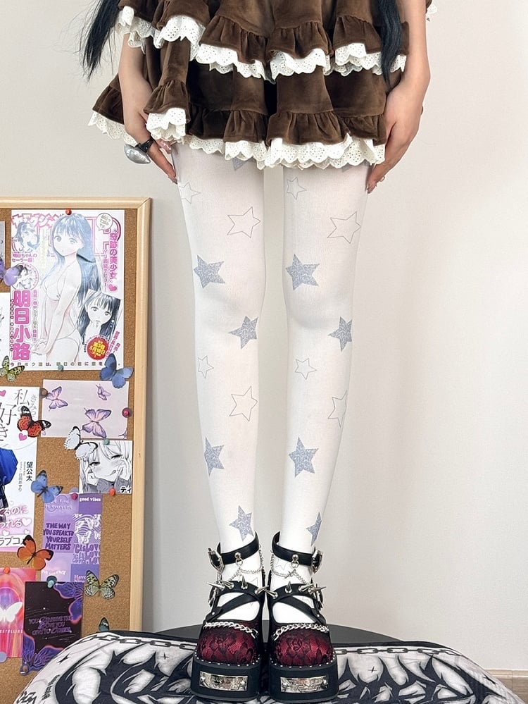 White Sweet Lolita Star Print Tights