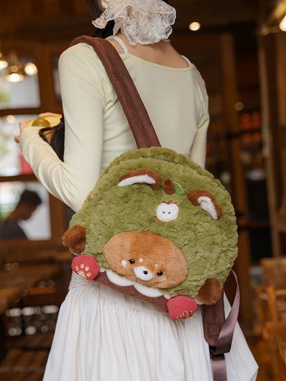 Brown&Green Apple Design Cute Plush Red Panda Backpack Middle/Large Size