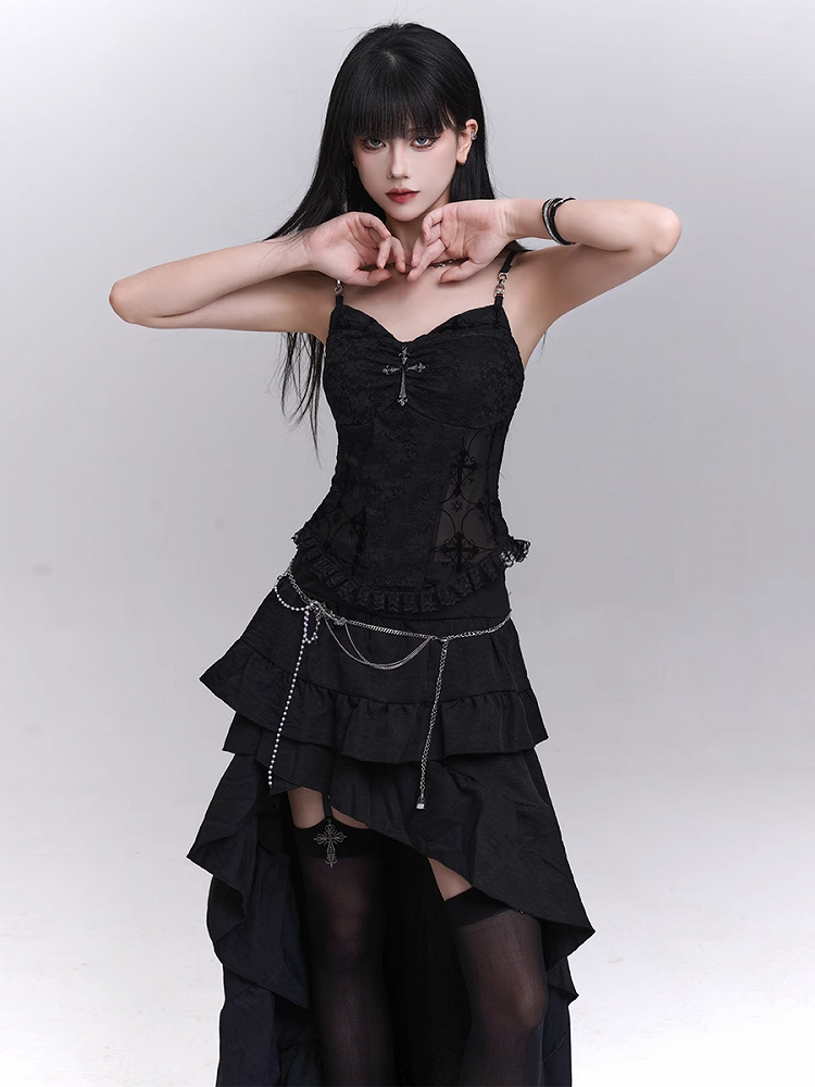 Black Lace Patches Waist Cross Decorated Cami Top with Beaded Chains