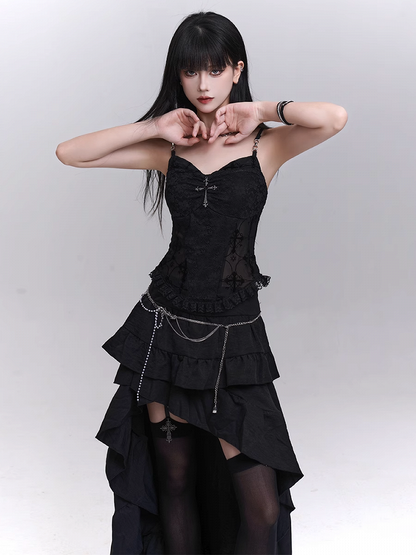 Black Lace Patches Waist Cross Decorated Cami Top with Beaded Chains