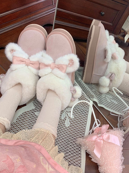 Pink Sweet Lolita Winter Platform Boots - Plush Polka Dot Rabbit Ears, Cozy Lining & Self-Tie Pompom Straps