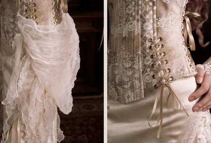 Rococo Illusion Lace Halter Neck Corset Top with Detachable Cascading Ruffle Accents