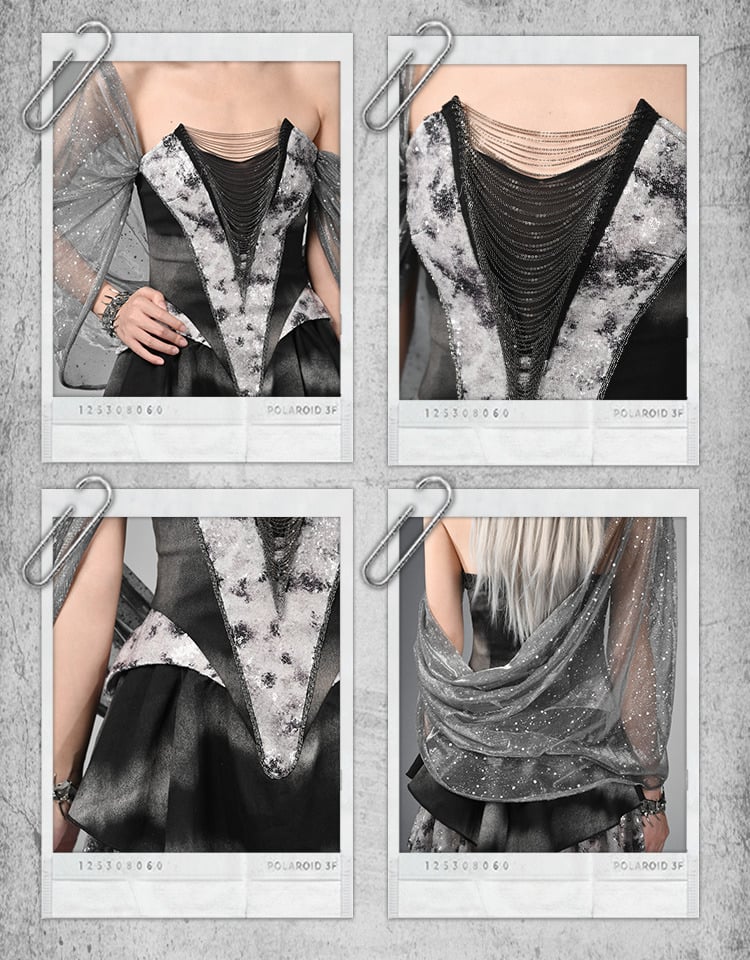 Y3K Fashion Futuristic Black Basque Waist Metal Chains Front Handkerchief Hem Cyberpunk Hooded Dress