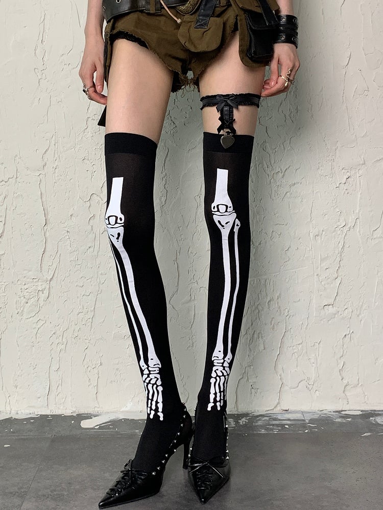 Black Y2K Bone Print Over-knee Stockings