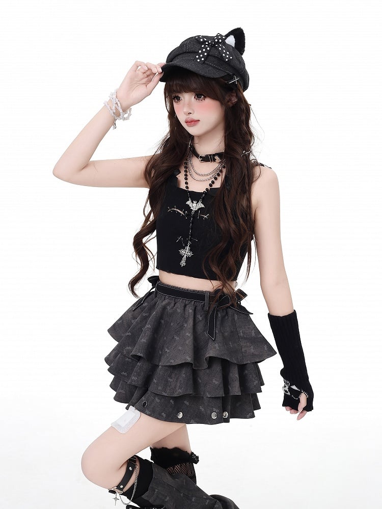 Dark Gray Bowknot Details Tiered Skirt with Free Flared Leg Warmers