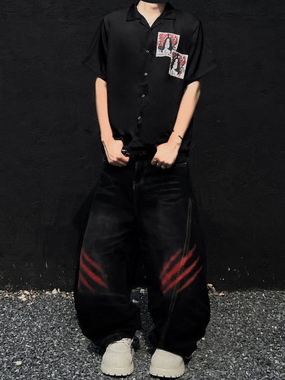 Punk Appliques Black Notched Collar Satin Short Sleeve Shirt