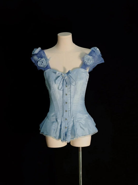 Sky Blue Flounce Hem Boned Corset Top with Detachable Floral Adornments