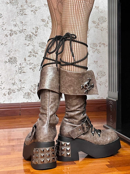 Skull and Studs Brown Front Lace-up Punk Chunky Platform Boots