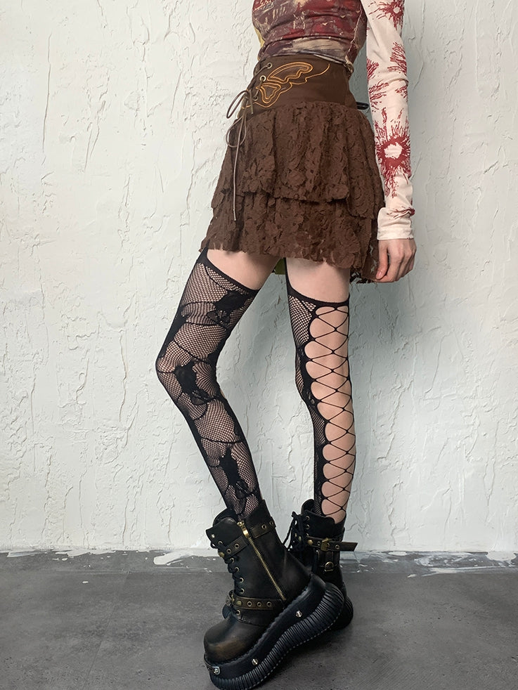 Black/White/Pink/Red/Gray Fishnet Design Cut-out Details Suspender Stockings